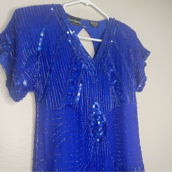 Vintage Jewel Queen 100% Silk Fully Beaded, Sequined Cobalt Blue Elegant Dress S - Picture 4 of 11